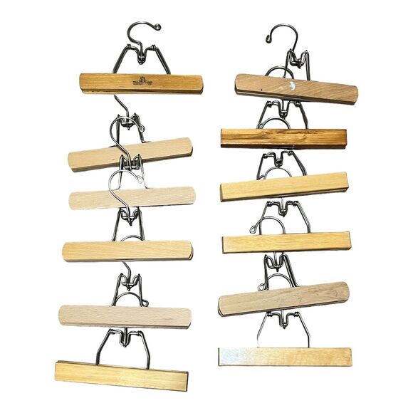 Mix Lot of 12 Vtg Light‎ Blonde Wood Metal Clothes Hanger Pant Trousers Clamp 9”